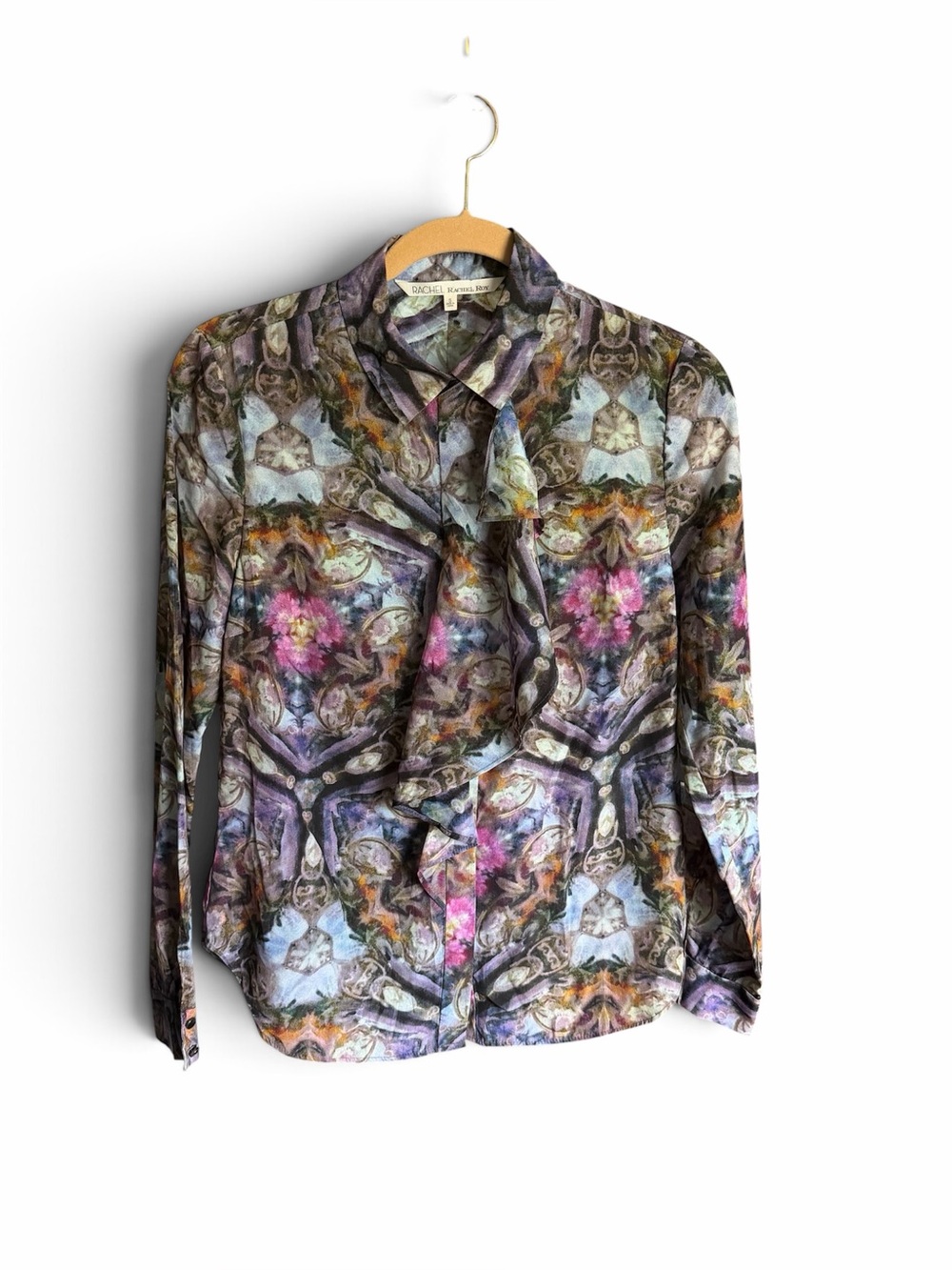 Rachel Roy Women's Small Sheer Abstract Artsy Watercolor Long Sleeve Button Up
